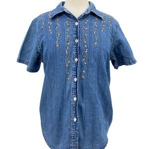 Solutions Original Short Sleeve Floral Embroidery Denim Shirt Blue Cotton Top M